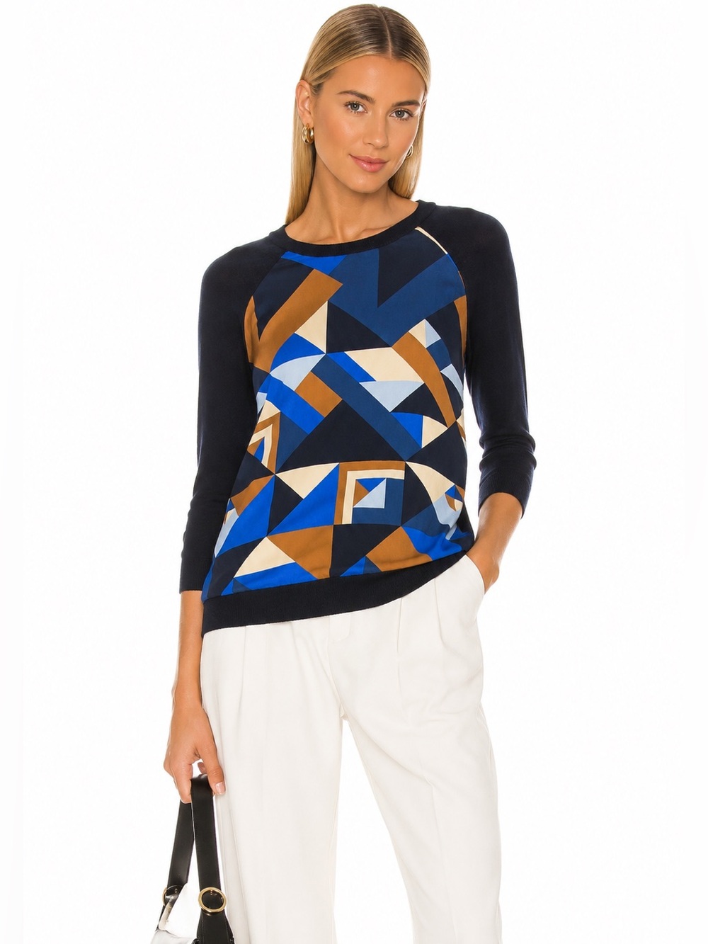 J.Crew Merino Wool Silk Geometric Sweater Medium Blue Black Colorblock Crew